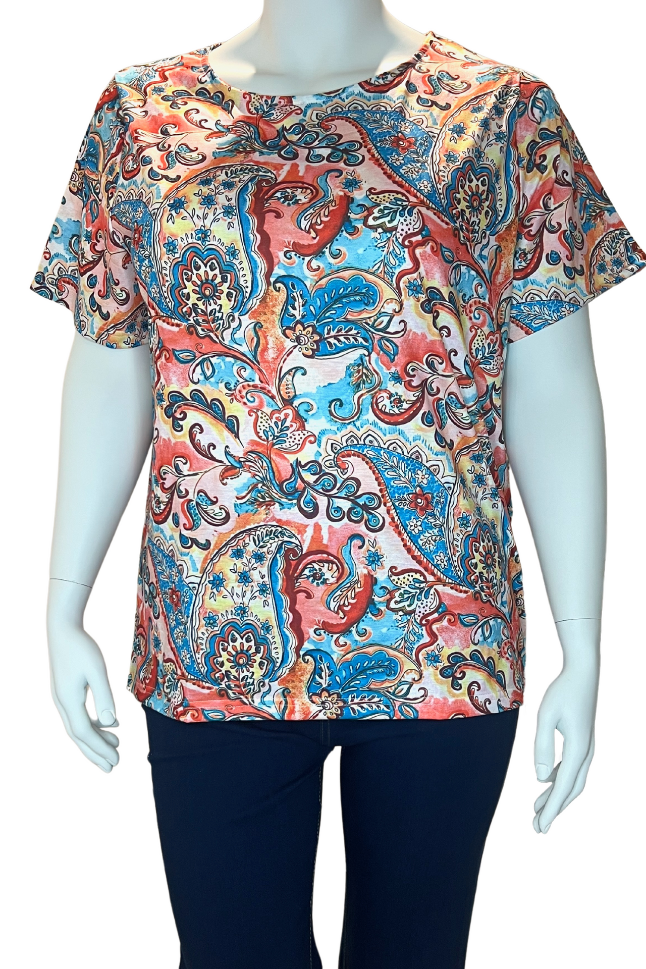 Plus Size Vibrant Paisley Print T-Shirt for Women – Casual Crew Neck Short Sleeve Top Orange