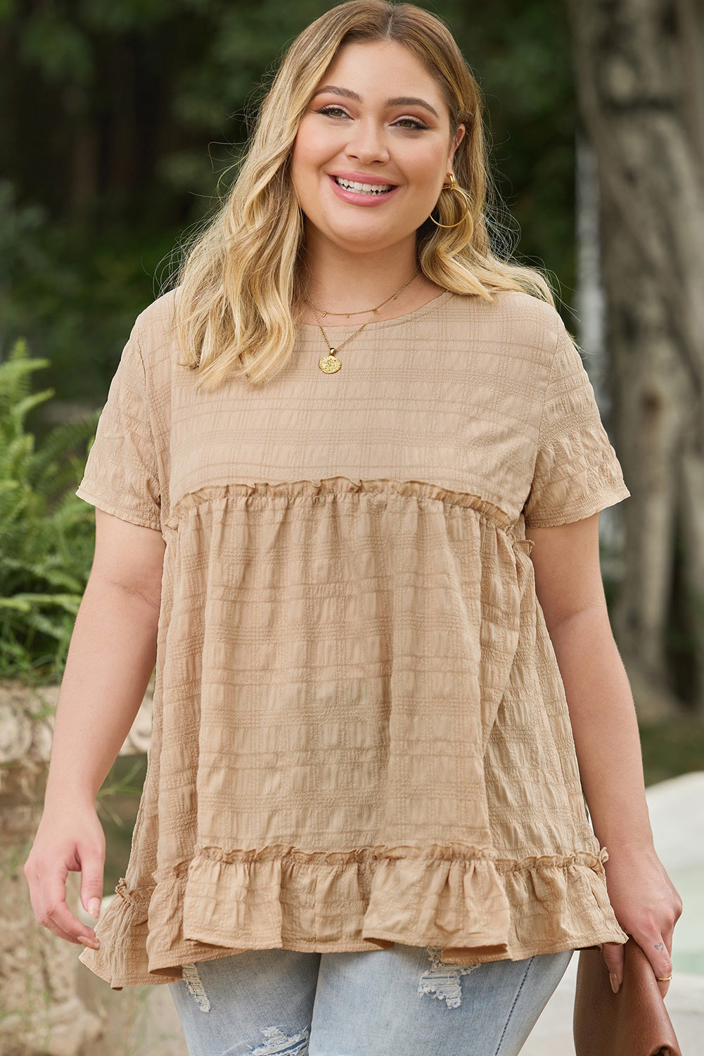 Plus Size Womens Mocha Coloured Babydoll Top with Crinkle Textured Ruffle