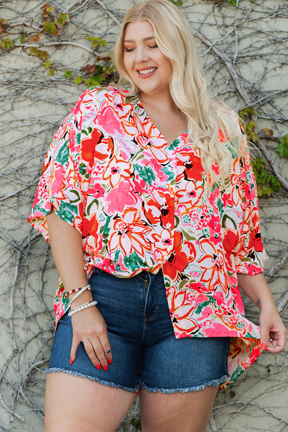 Plus Size Pink Floral Vibrant Button Up Womens Blouse