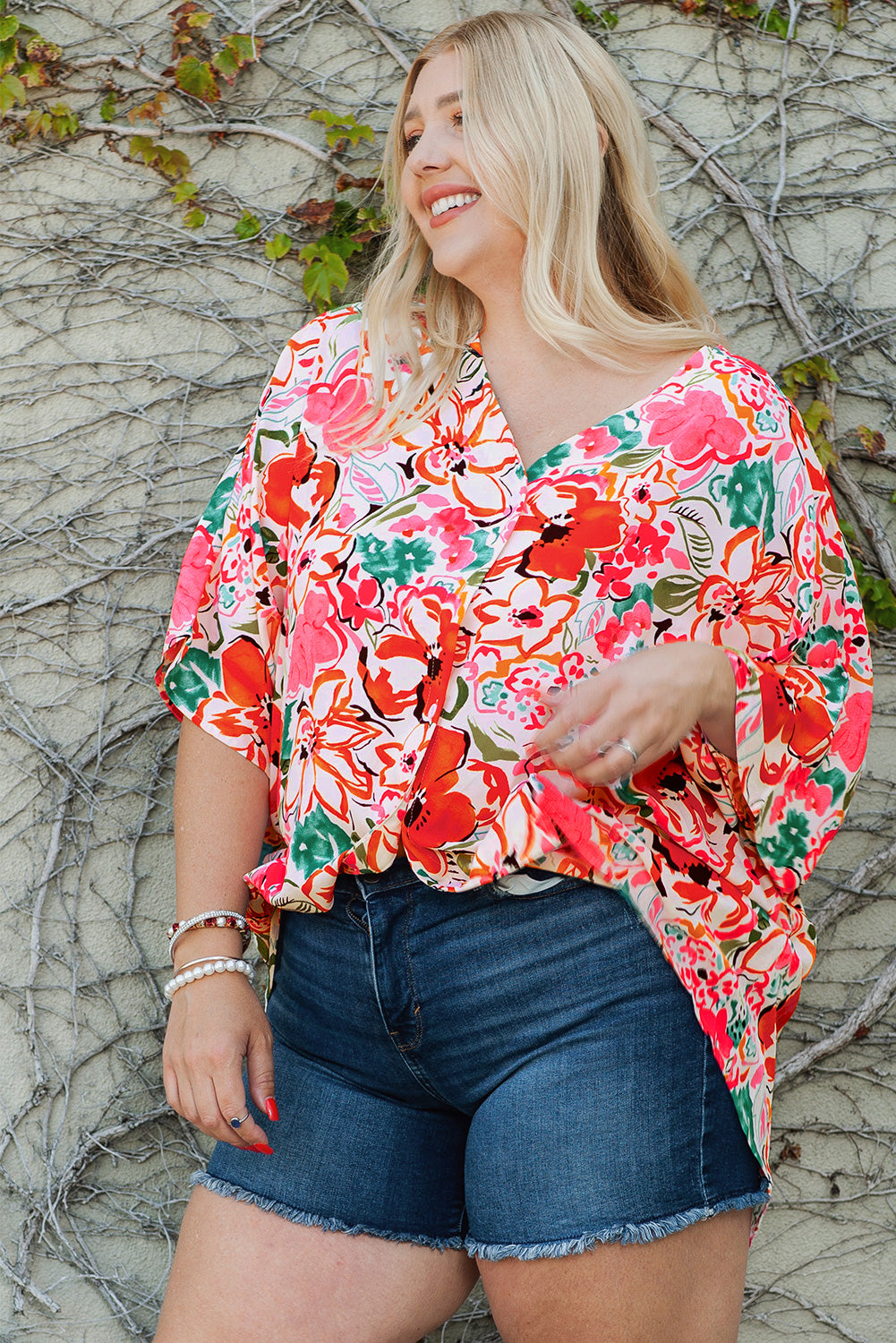 Plus Size Pink Floral Vibrant Button Up Womens Blouse