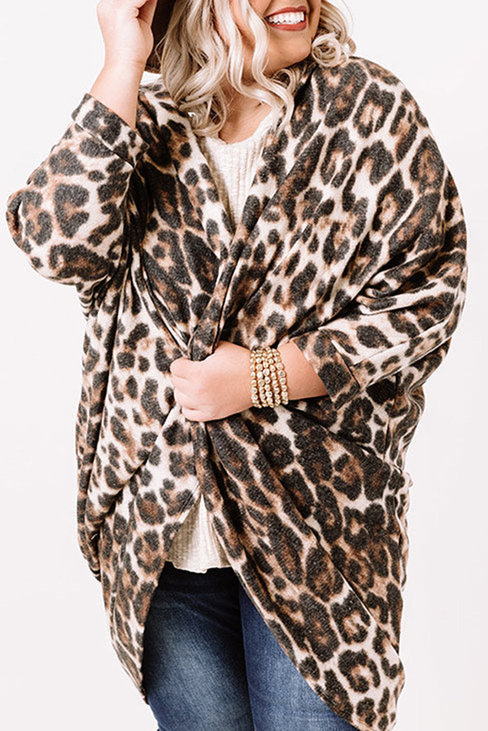 Leopard Print Draped Open Front Cardigan Plus Size Womens Fashion