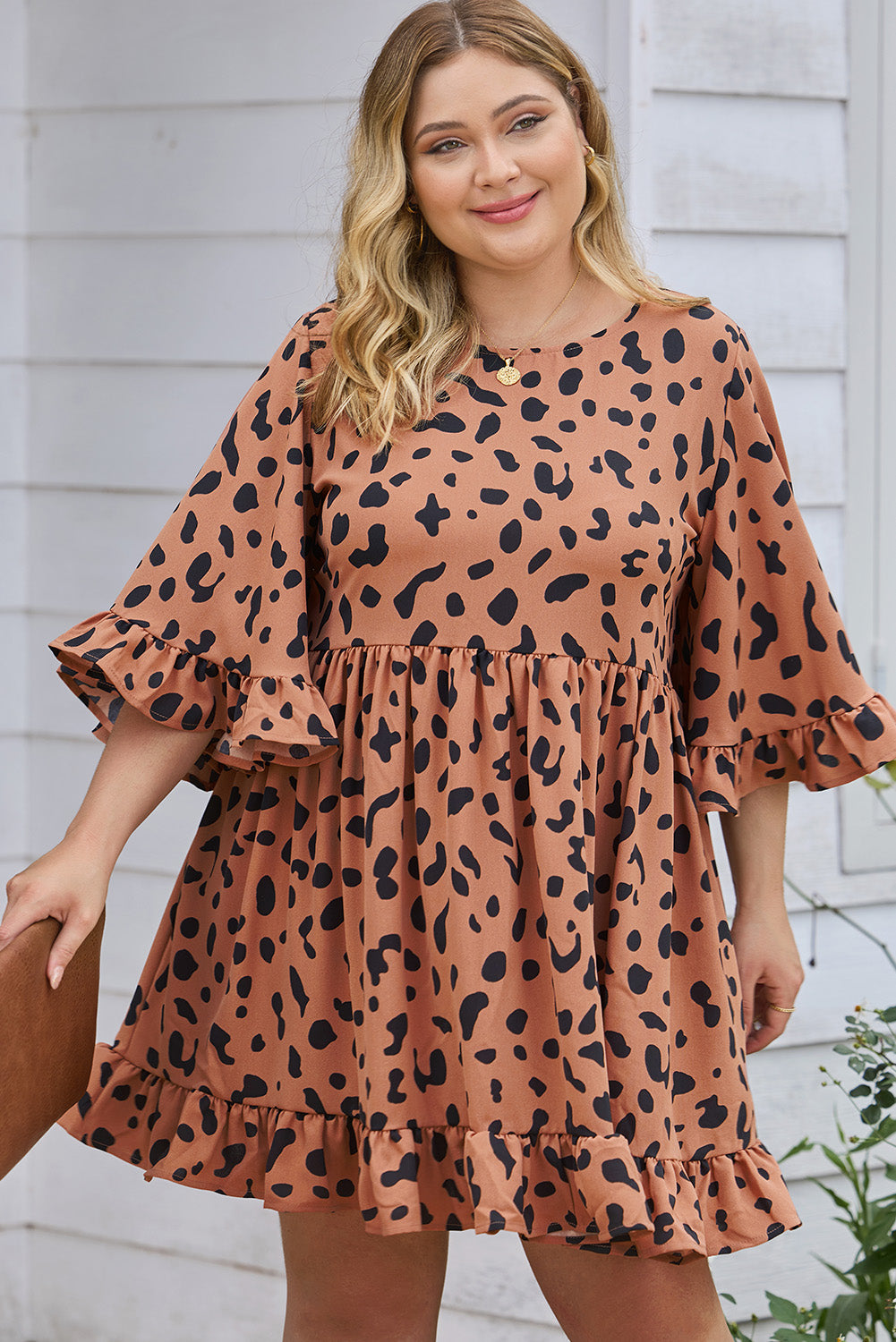Plus Size Detailed Ruffle Leopard Print Plus Size Dress
