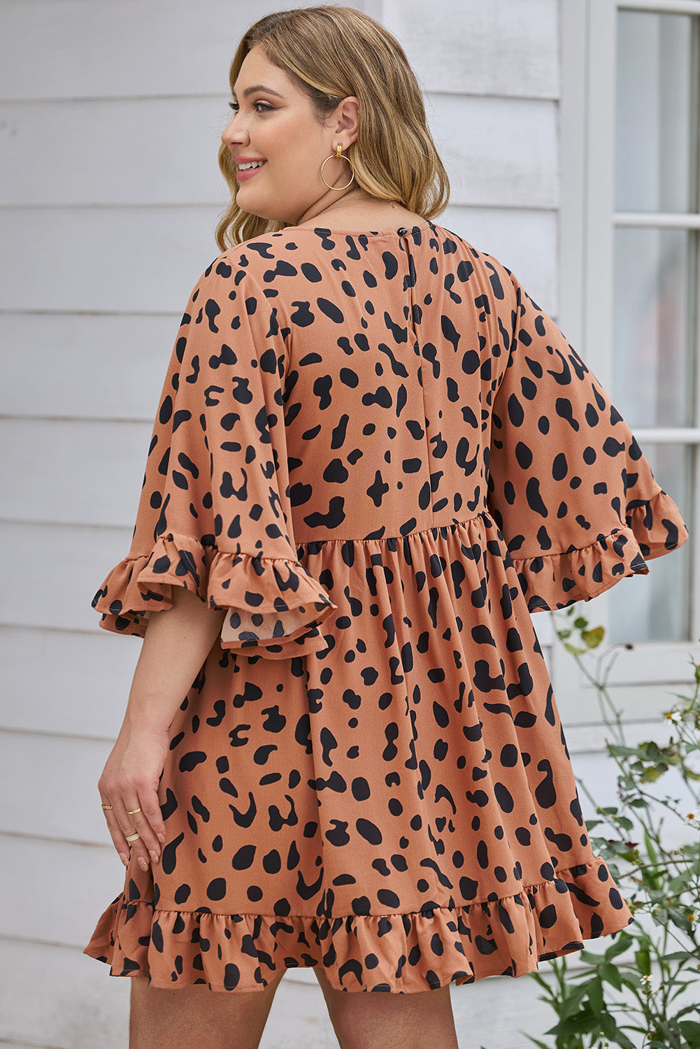 Plus Size Detailed Ruffle Leopard Print Plus Size Dress