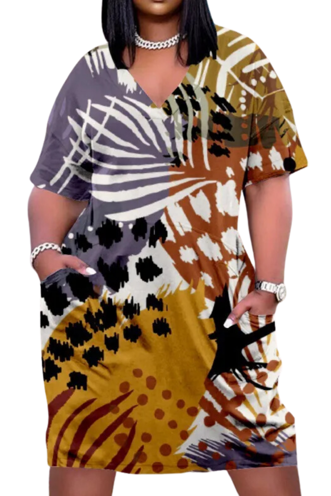 Abstract Pattern V-Neck Plus Size Womens Knee Length Dress