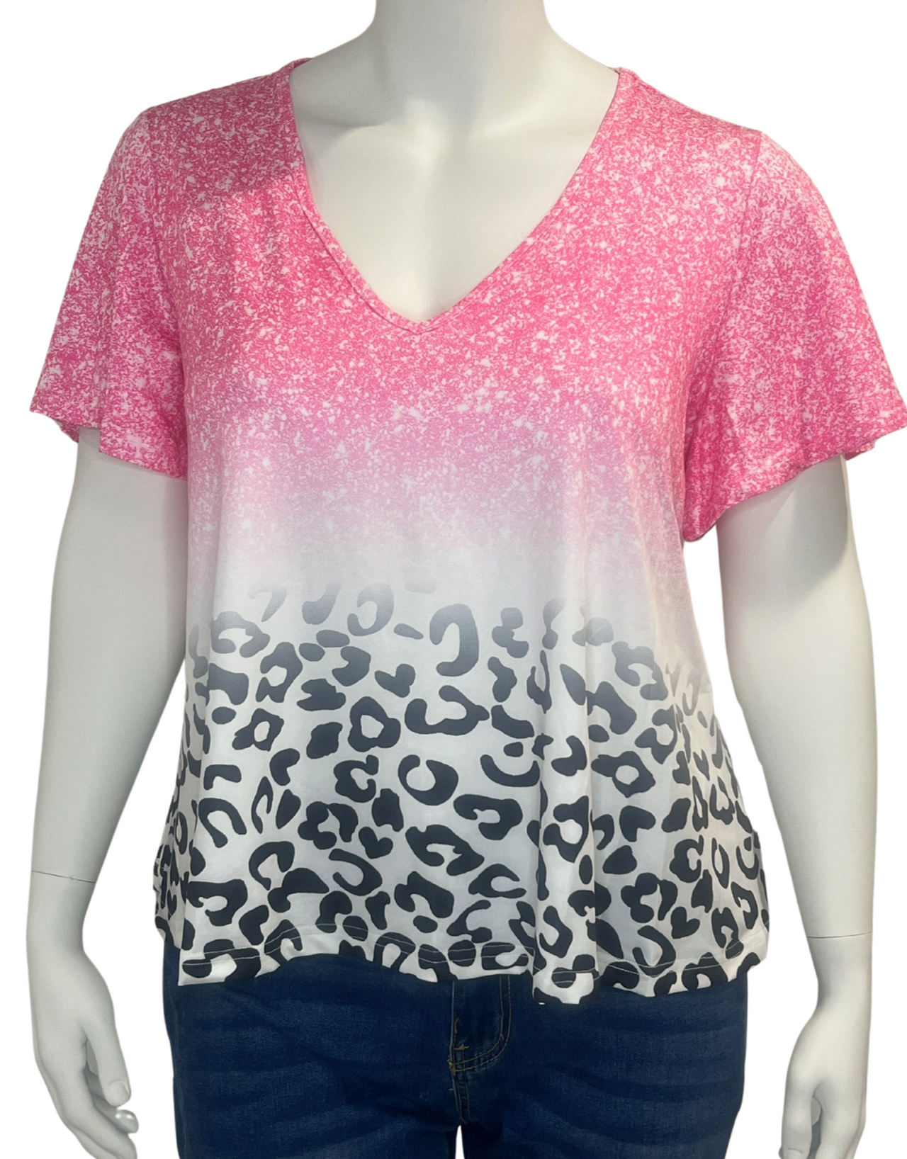 Plus Size Casual Top, Women's Plus Ombre & Floral & Glitter Print Short Sleeve V Neck Slight Stretch Top