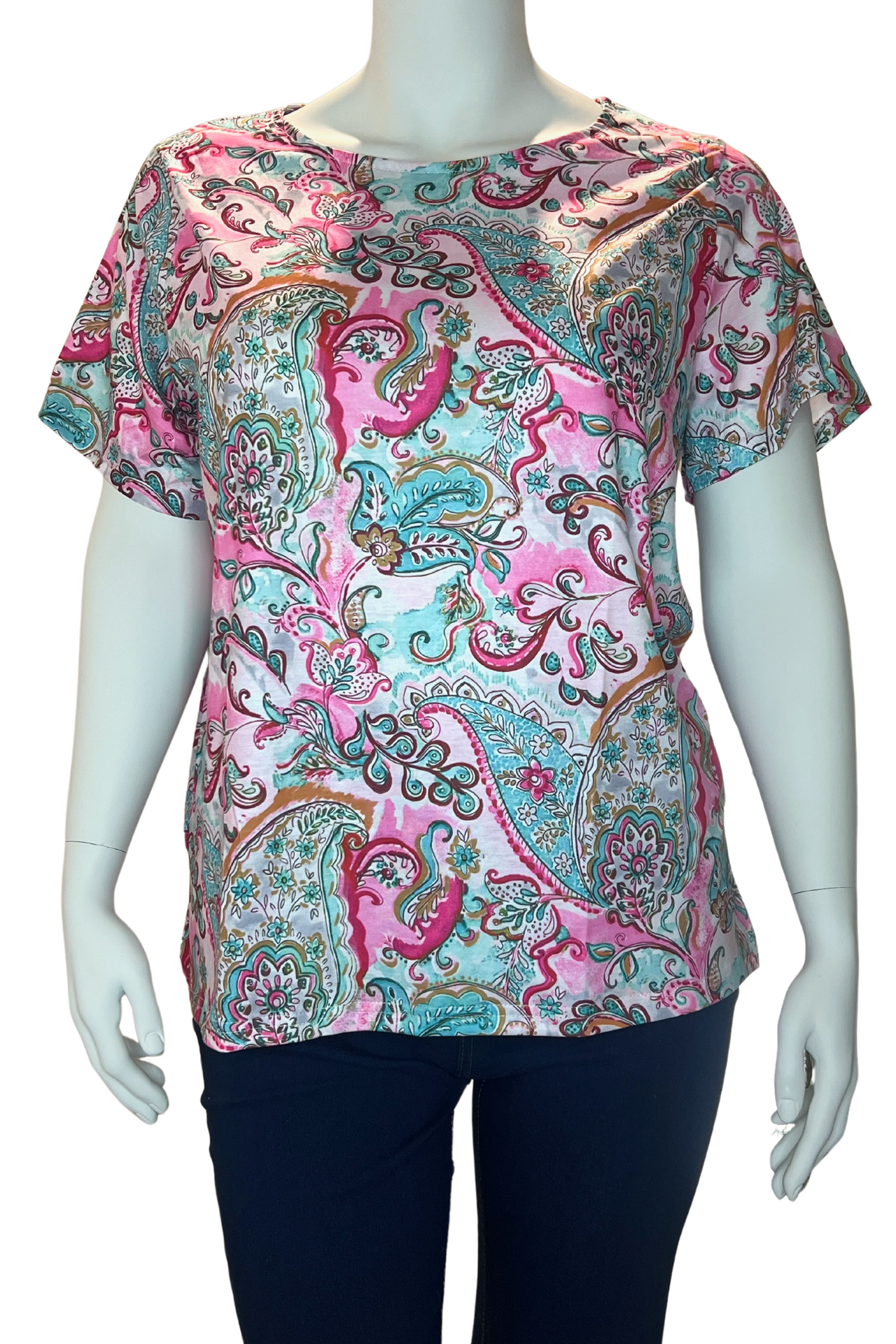 Plus Size Vibrant Paisley Print T-Shirt for Women – Casual Crew Neck Short Sleeve Top