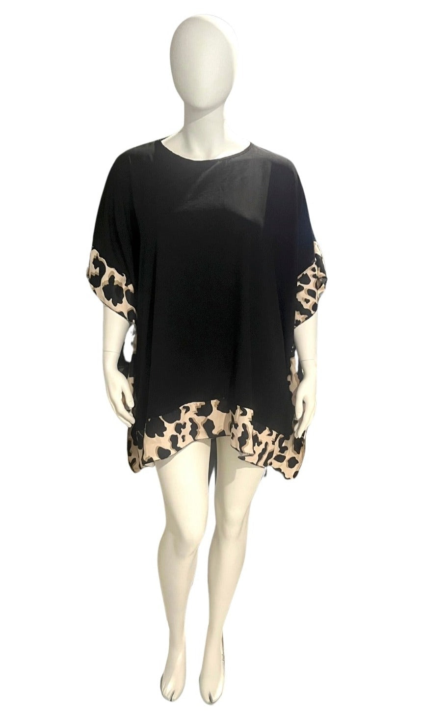 Plus Size Black Asymmetric Contrast Leopard Print Hem & Sleeve Top
