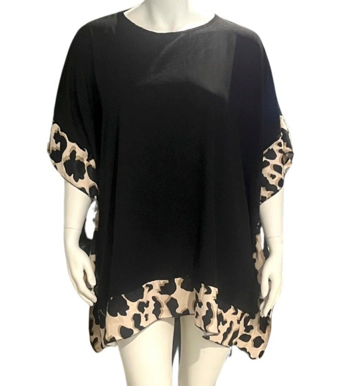 Plus Size Black Asymmetric Contrast Leopard Print Hem & Sleeve Top
