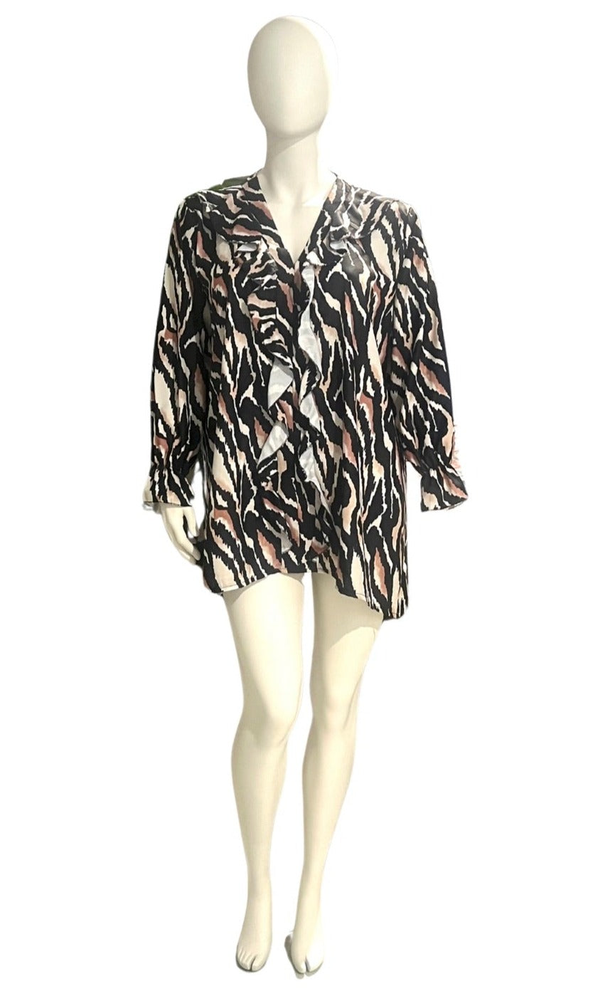 Plus Size Black Animal Tiger Print Long Sleeves Frill Detail V Neck Top
