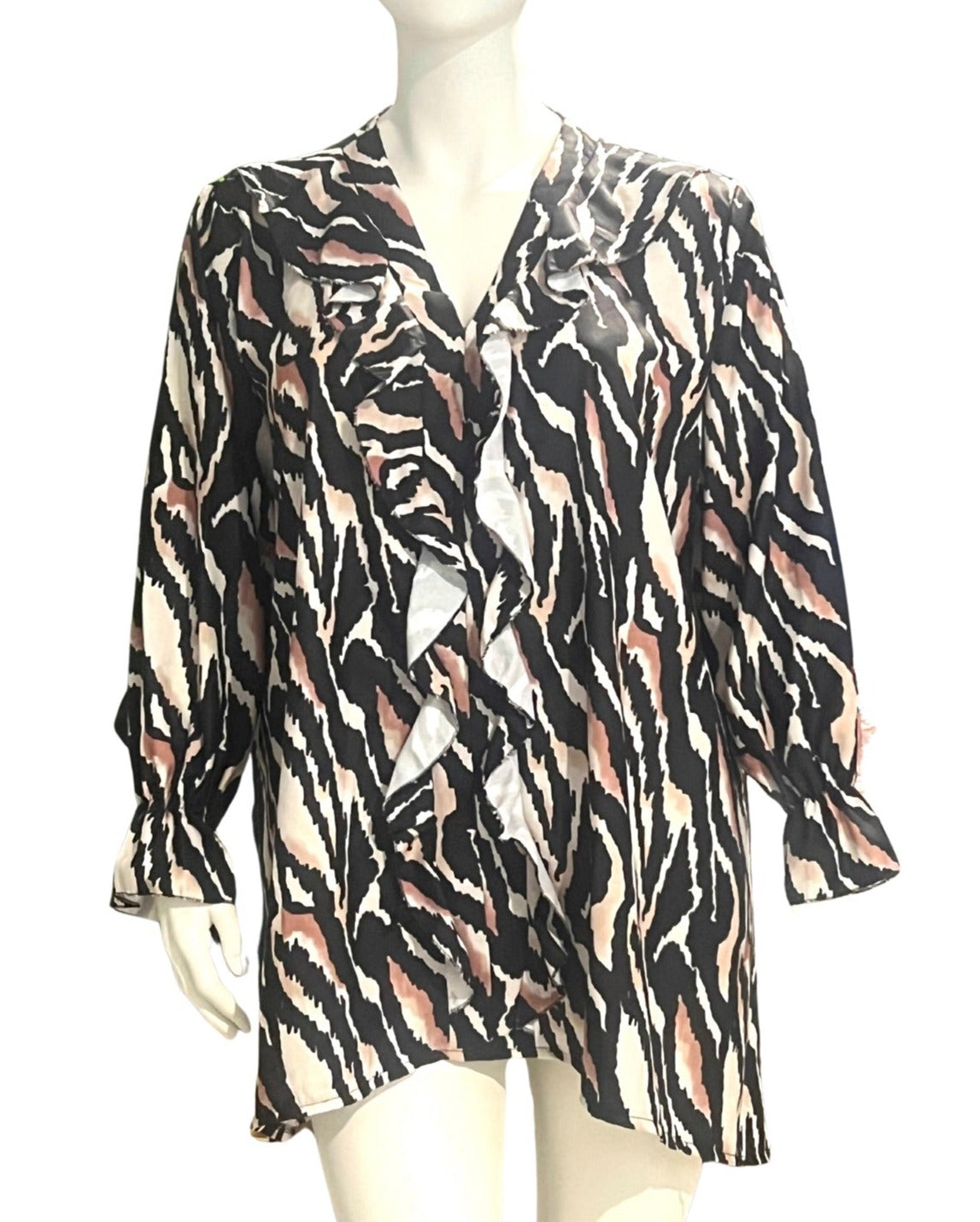 Plus Size Black Animal Tiger Print Long Sleeves Frill Detail V Neck Top
