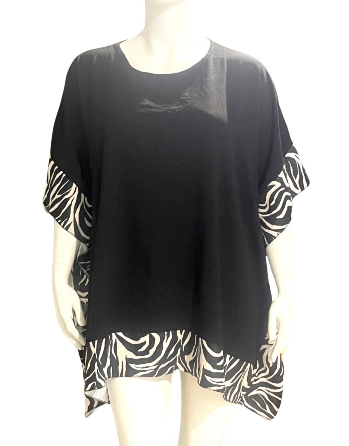 Plus Size Black Asymmetric Contrast Zebra Print Hem & Sleeve Top