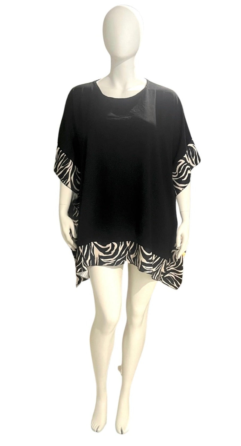 Plus Size Black Asymmetric Contrast Zebra Print Hem & Sleeve Top