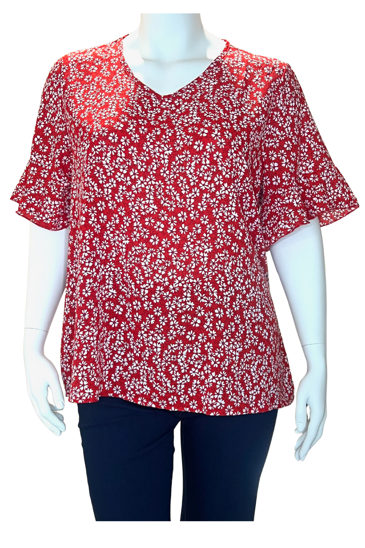 Women’s Plus Size Red Floral Loose Fit Blouse with Ruffled Sleeve Details
