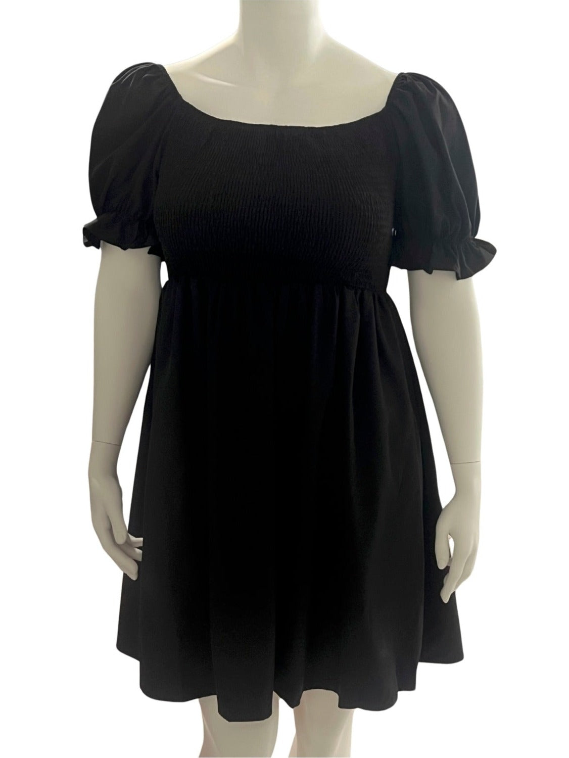 Womens Plus Size Shirred Bodice Babydoll Style Dress with Puff Sleeve