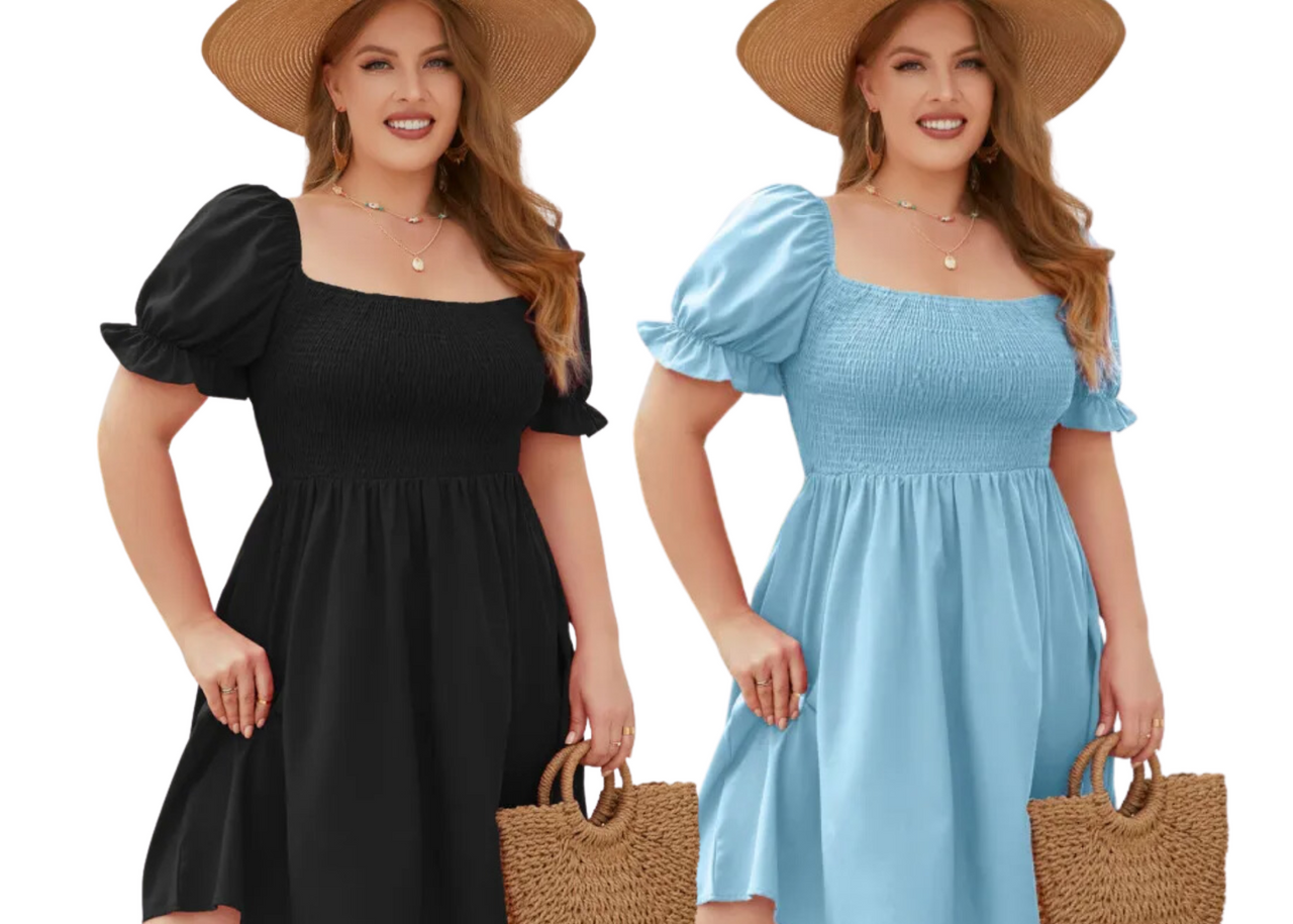 Womens Plus Size Shirred Bodice Babydoll Style Dress with Puff Sleeve