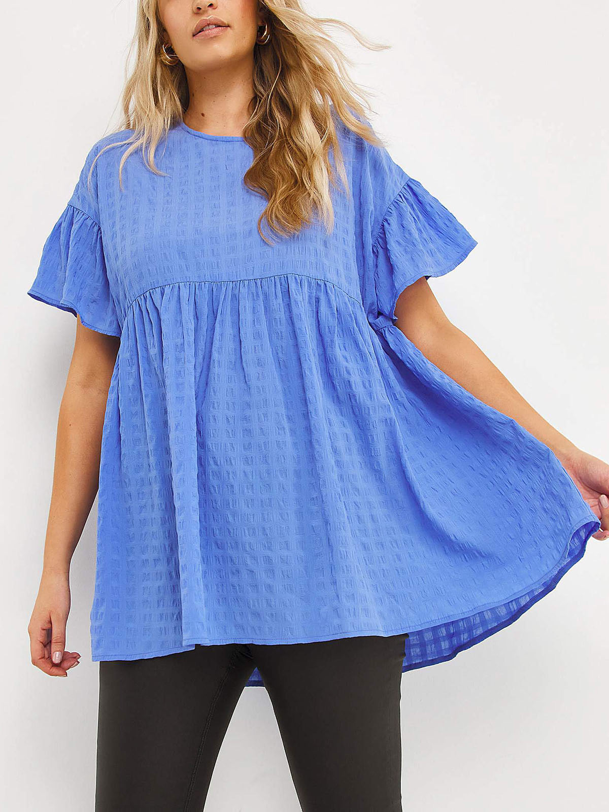 Blue Textured Short Sleeve Frill Sleeve Plus Size Smock Top