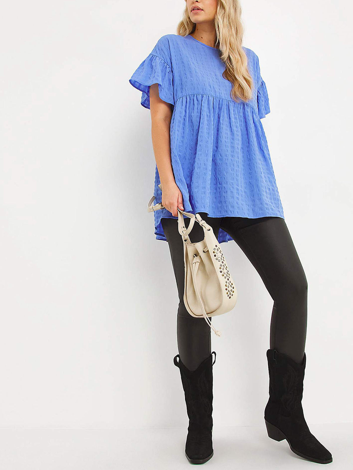 Blue Textured Short Sleeve Frill Sleeve Plus Size Smock Top