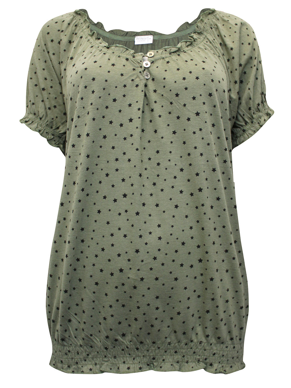 Olive Green Khaki Star Print Shirred Hem Gypsy Plus SIze Womens Top