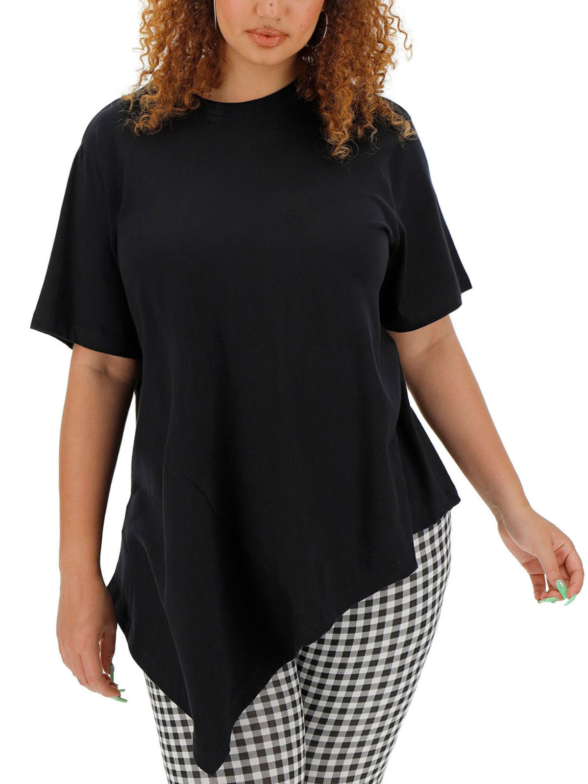 Black Pure Cotton Asymmetric Hem Plus Size Womens Top