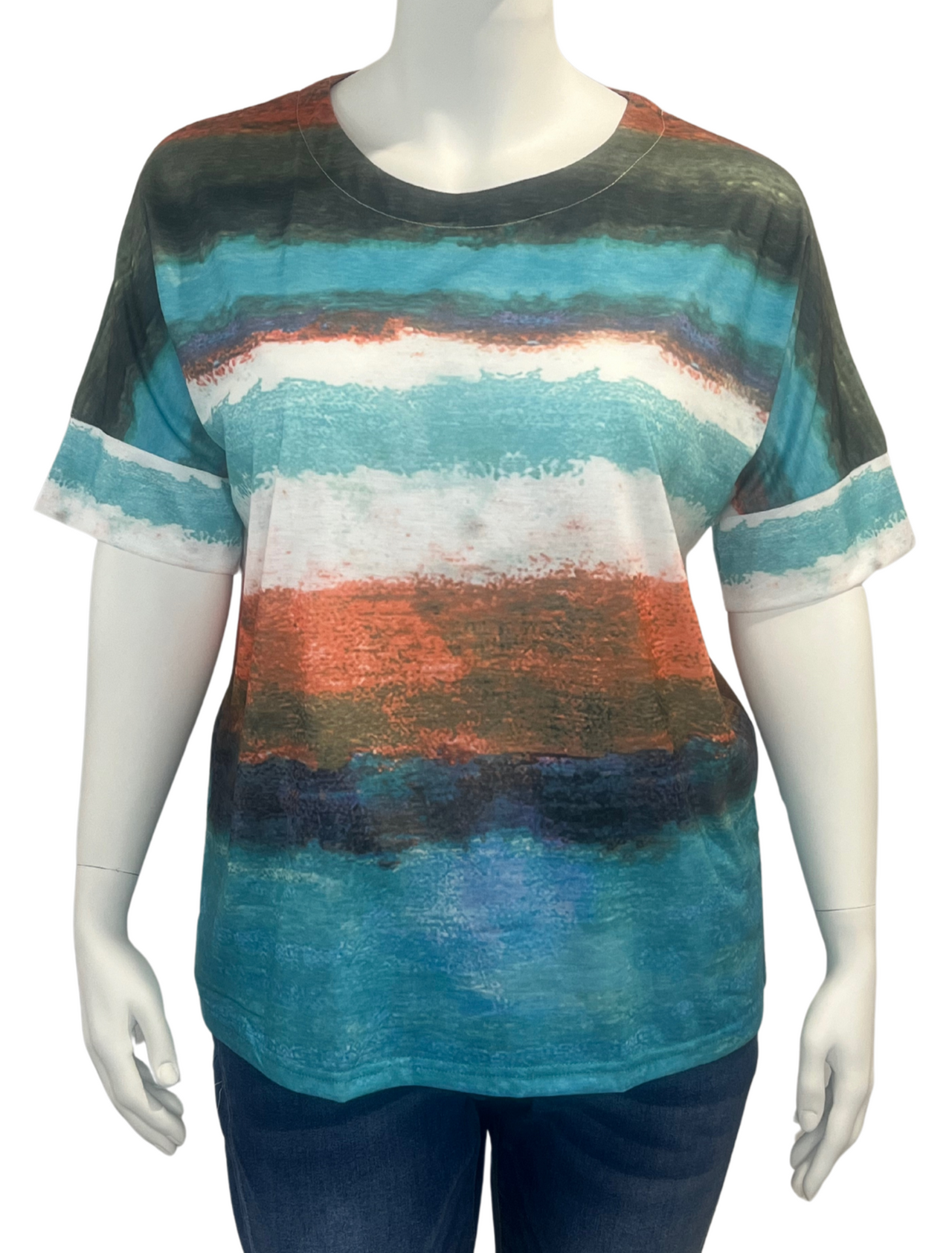 Colourful Stripe Plus Size Women's Stretch Top T-Shirt Multicolor Plus Size Top
