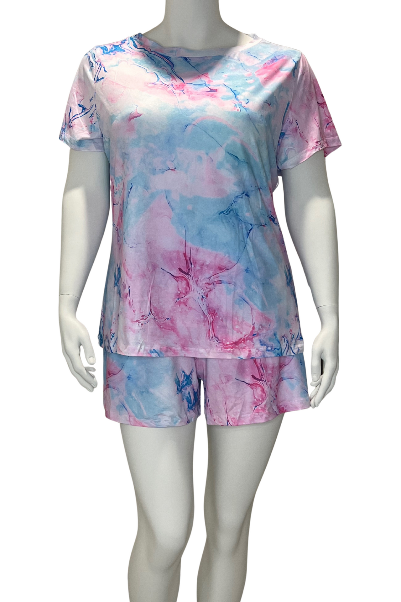 Plus Size Casual Pyjama Two Piece Set, Women's Plus Tie Dye Pastel Print Short Sleeve Tee & Shorts Pajama Pyjama 2 Piece Set