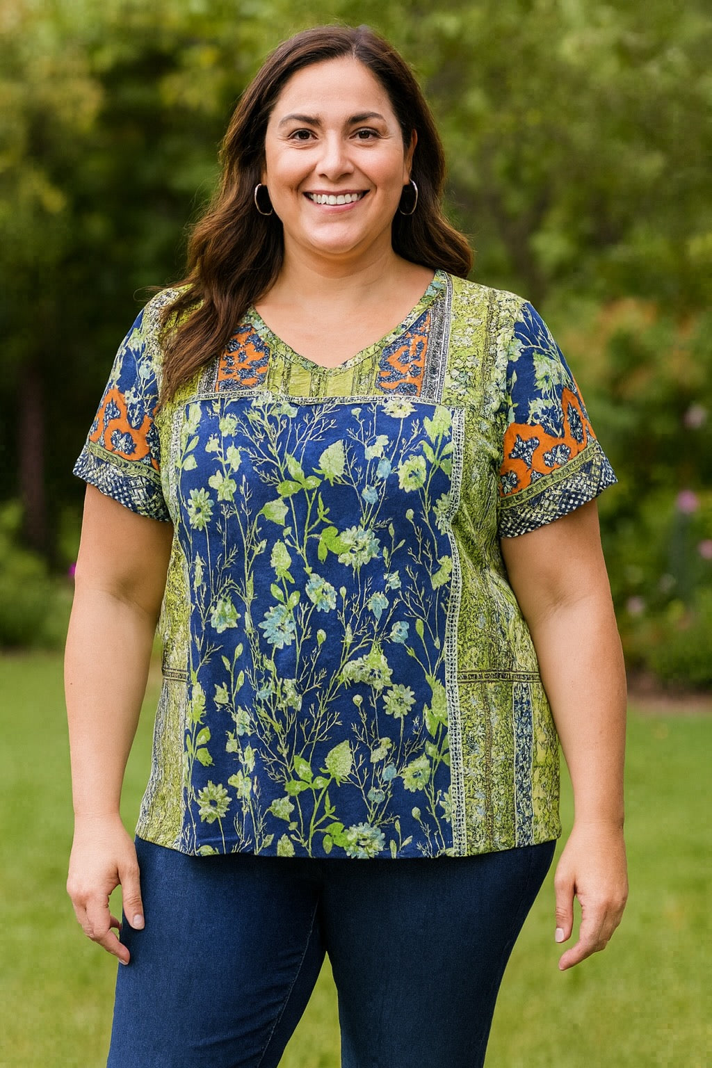 Plus Size Floral Print V-Neck T-Shirt Women’s Summer Short Sleeve Casual Top Blouse Tee