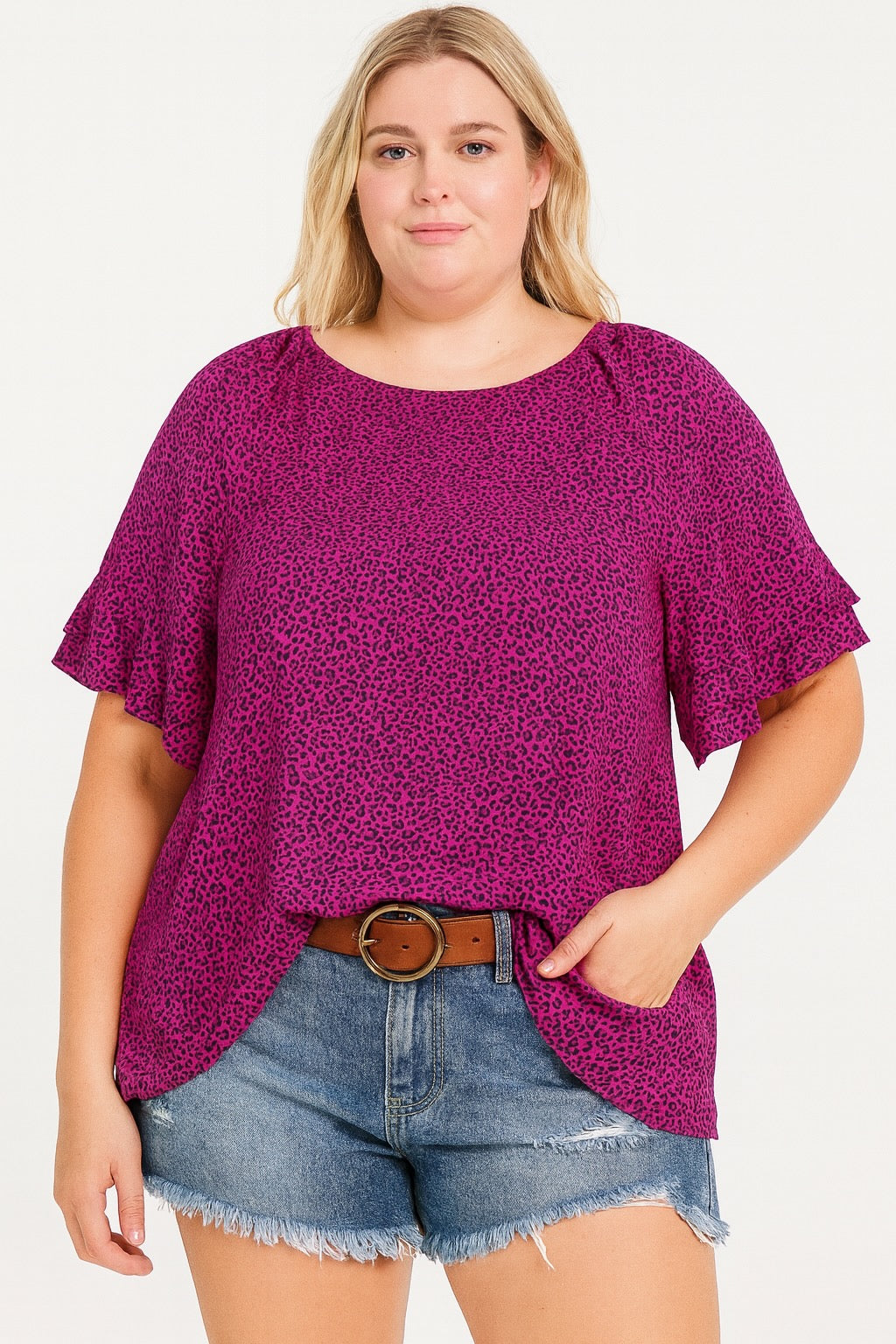 Women’s Plus Size Pink Animal Print Loose Fit Blouse with Ruffled Sleeve Details (Copy) (Copy) (Copy)