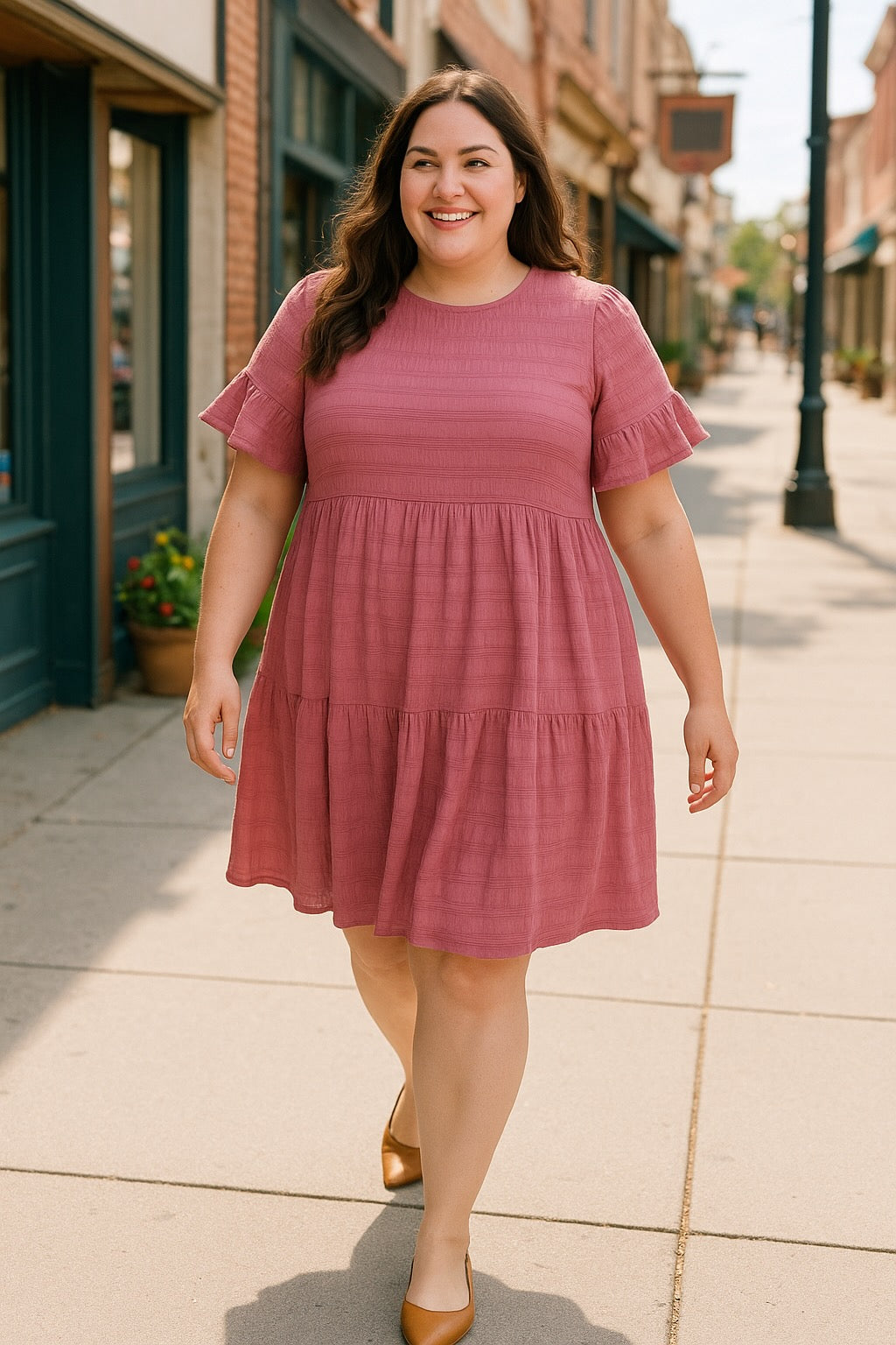 Shop our Plus Size Textured Ruffle Hem Dress – casual fit & flare crew neck with ruffle sleeves, perfect for spring & summer style. 100% polyester."