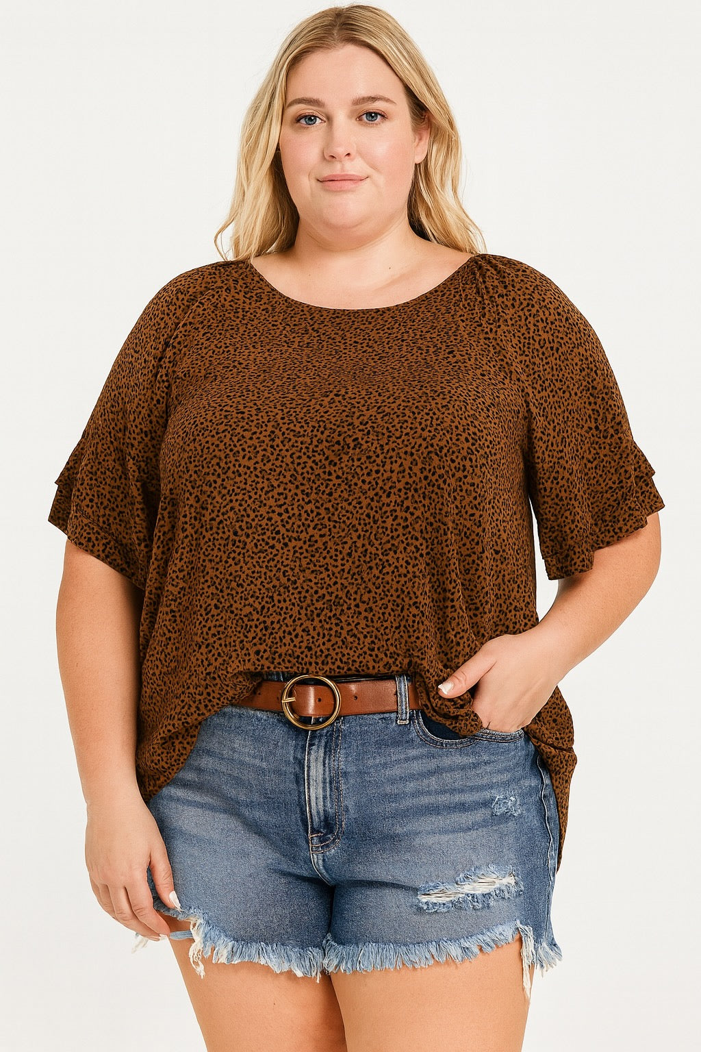 Women’s Plus Size Brown Animal Print Loose Fit Blouse with Ruffled Sleeve Details (Copy)