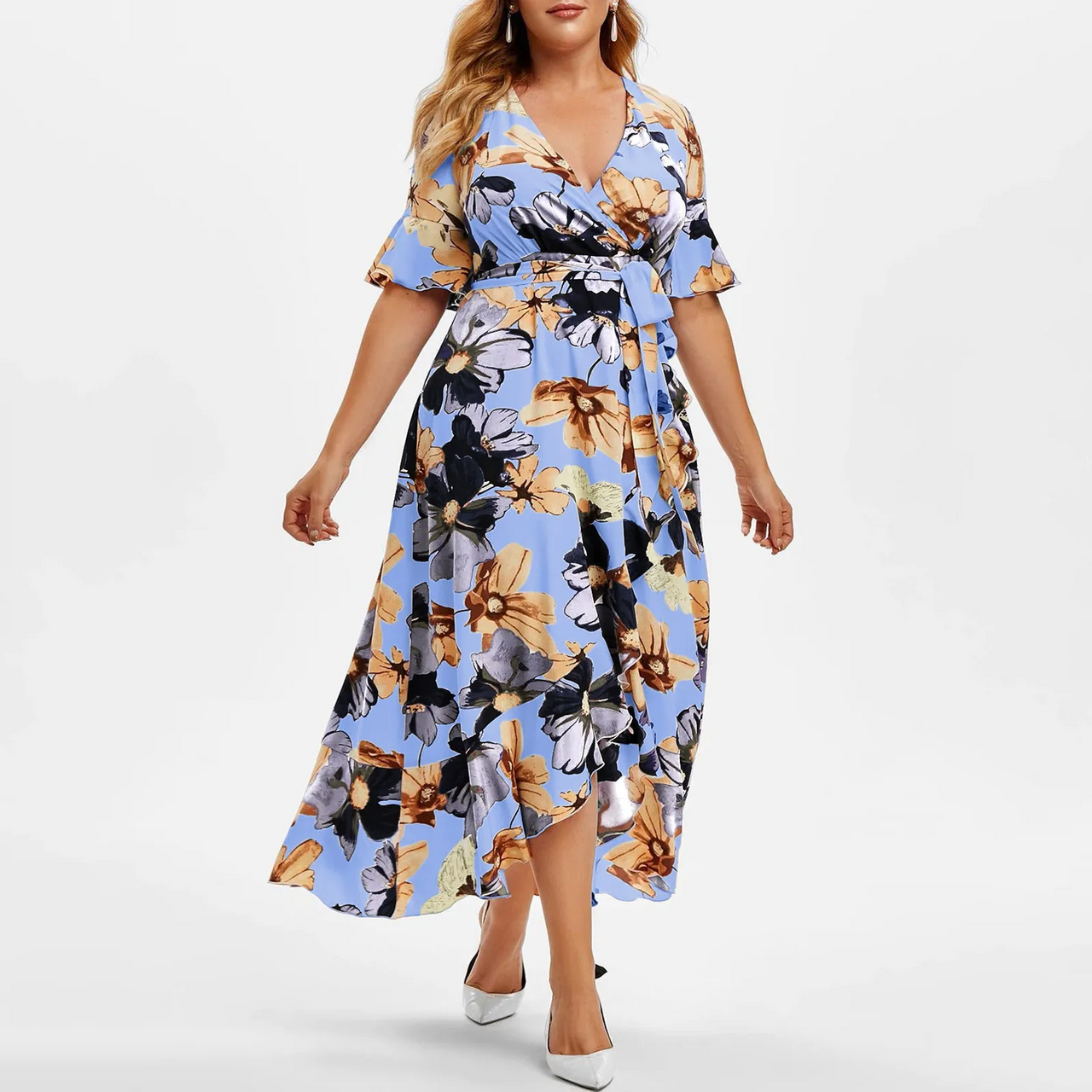 Blue Floral Bohemian Print Ruffle Womens Plus Size Midi Dress