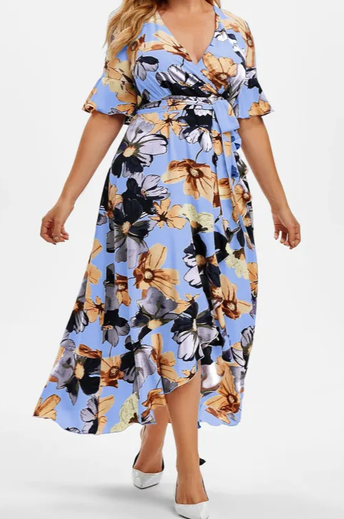 Blue Floral Bohemian Print Ruffle Womens Plus Size Midi Dress