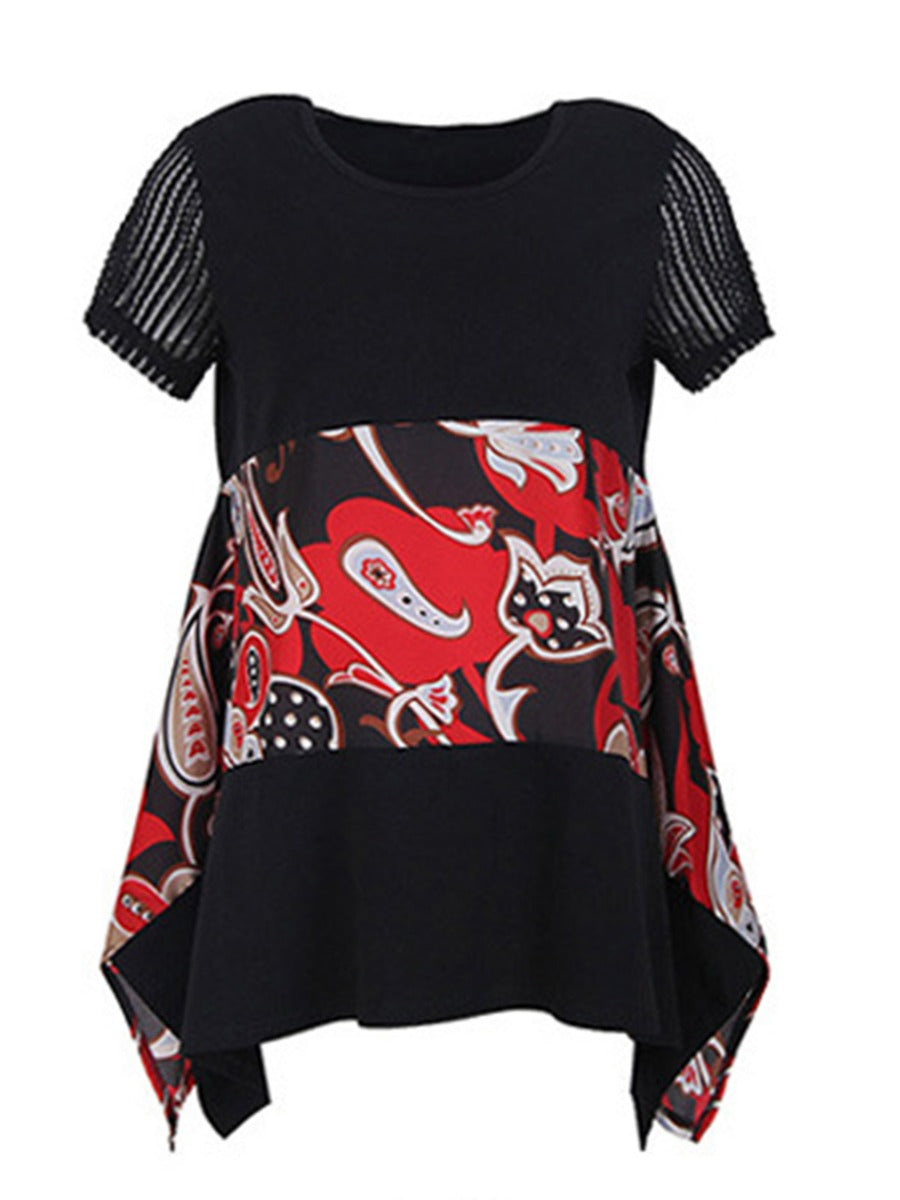 Black & Red Print Irregular Hem Crew Neck Top