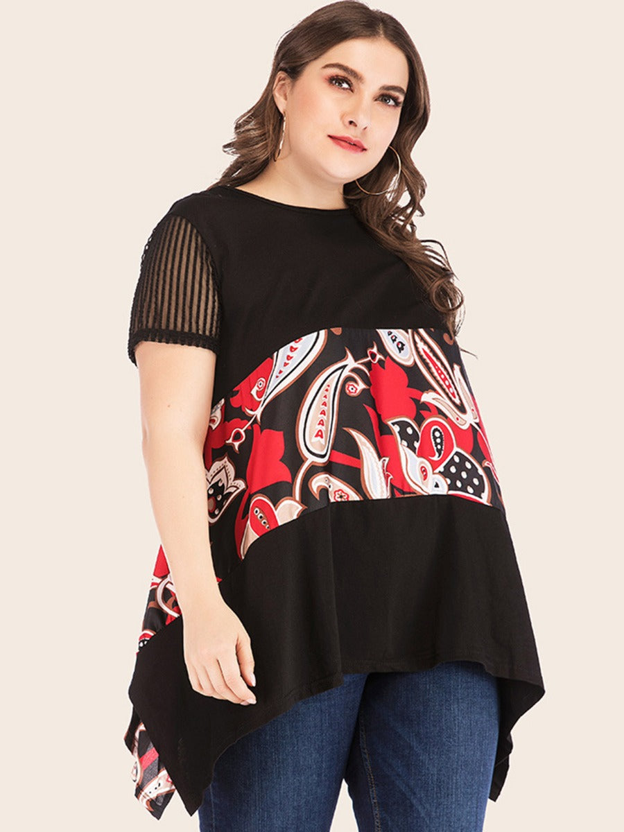 Black & Red Print Irregular Hem Crew Neck Top