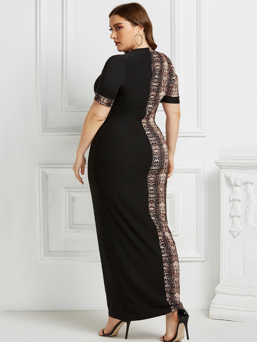 Womens Plus Size Animal Print Patterned Dress with Round Neckline