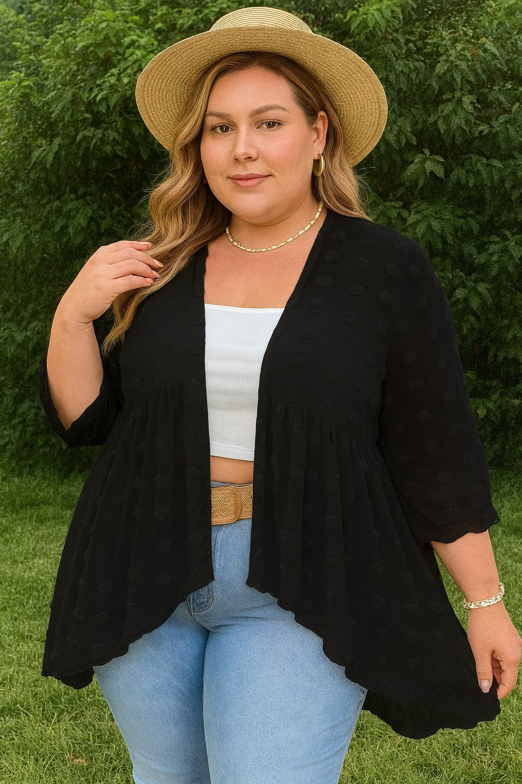 Plus Size Swiss Dot Kimono Lace Stitching 3/4 Sleeve Summer Open Front Top