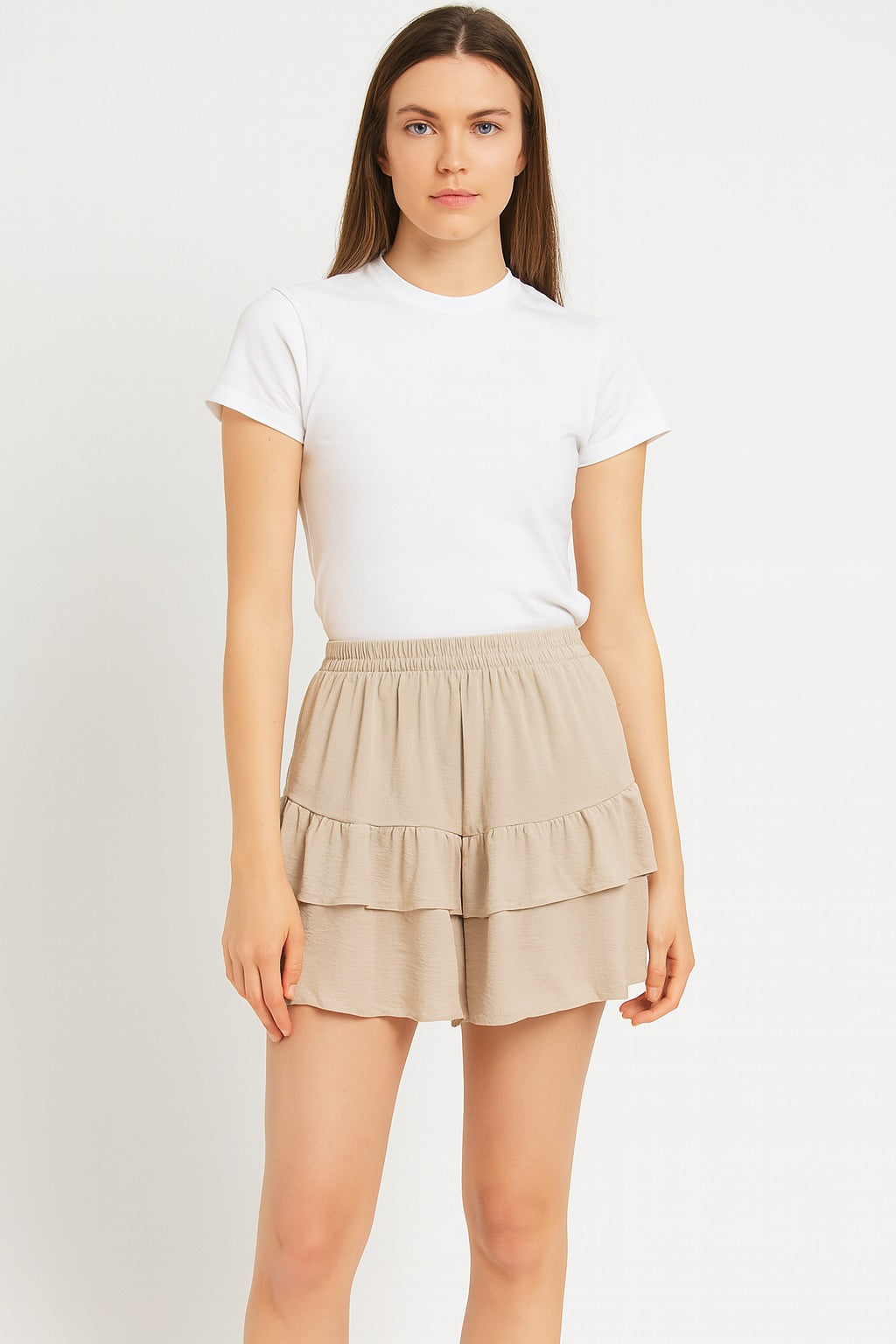 Women’s Chic Ruffle Skirt Shorts – Solid Elastic Waist Layered Hem, Lightweight Summer Casual Fashion