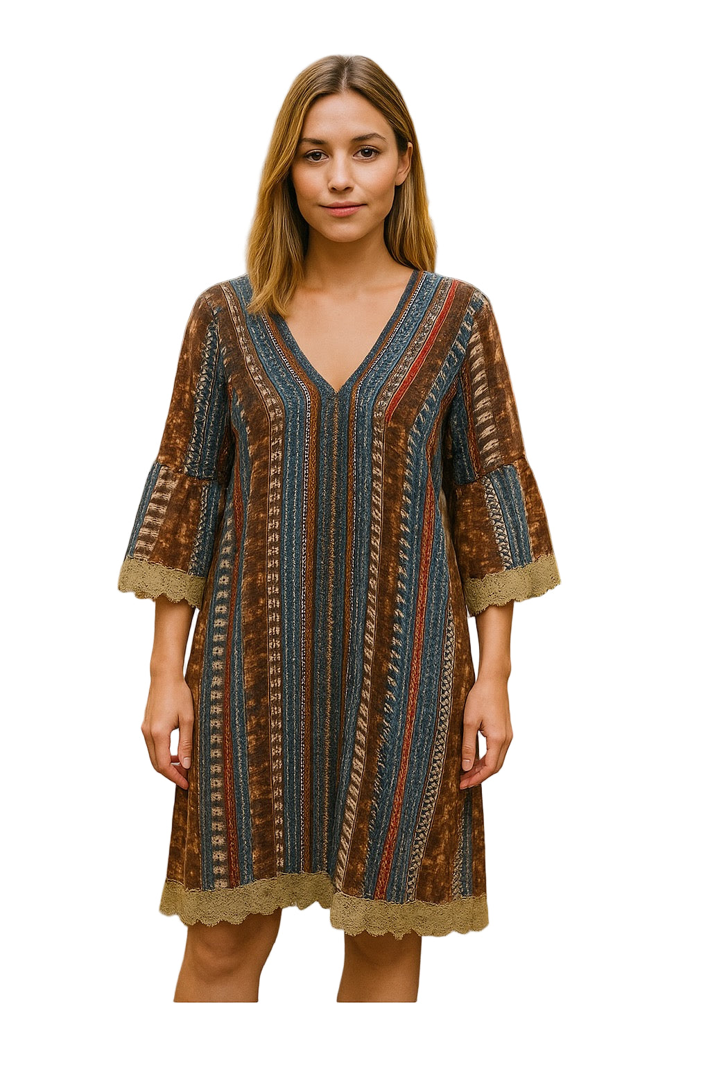 Boho Style Relaxed Fit Women’s Dress – Geometric Print V-Neck Tunic