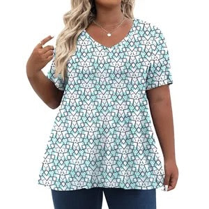 Aqua Geometric Print V Neck Plus Size Top, Short Sleeve Women's Top, Casual T-Shirt