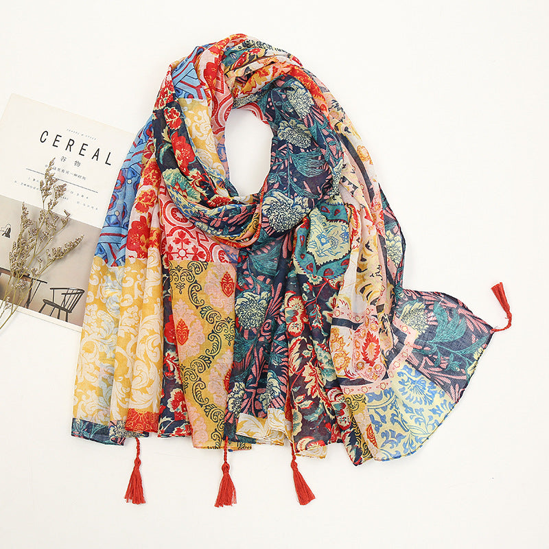 Flower Print Cotton - Linen Scarf
